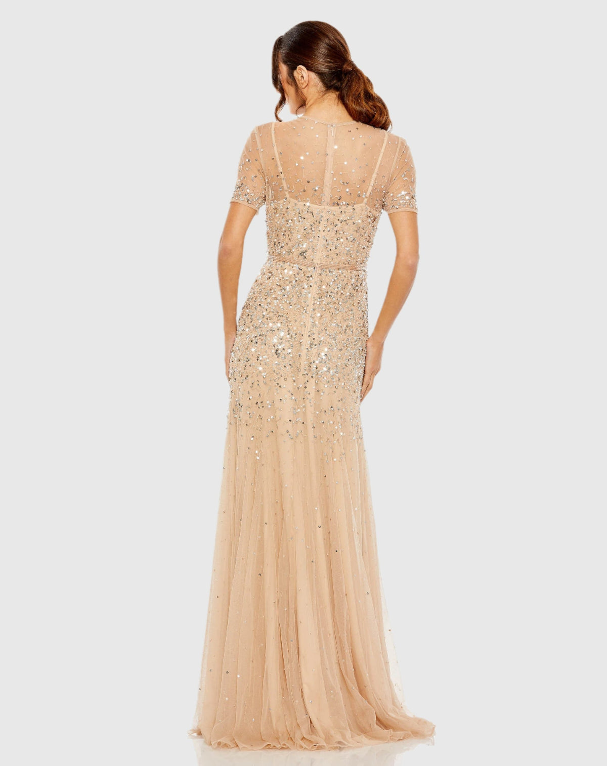 High Neck Short Sleeve Sequin Embellished Gown - Rosewood