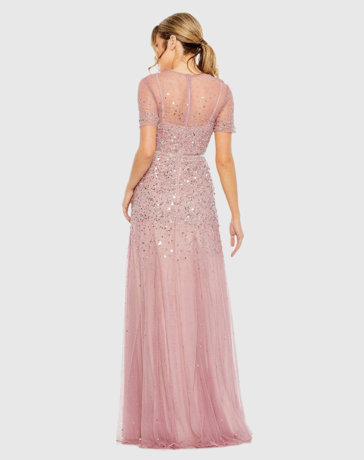 High Neck Short Sleeve Sequin Embellished Gown - Rosewood