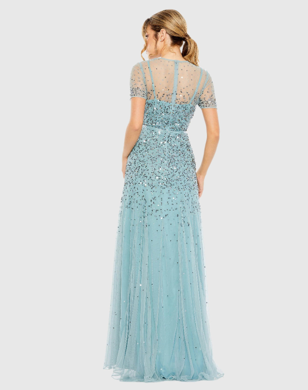 High Neck Short Sleeve Sequin Embellished Gown - Rosewood