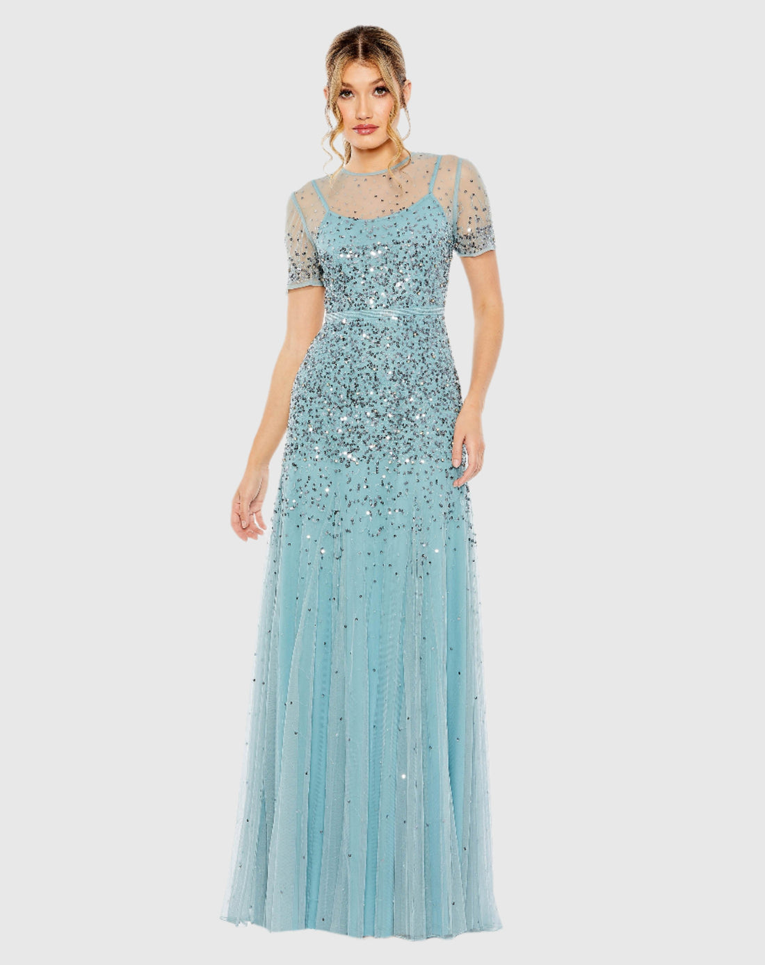 High Neck Short Sleeve Sequin Embellished Gown - Rosewood