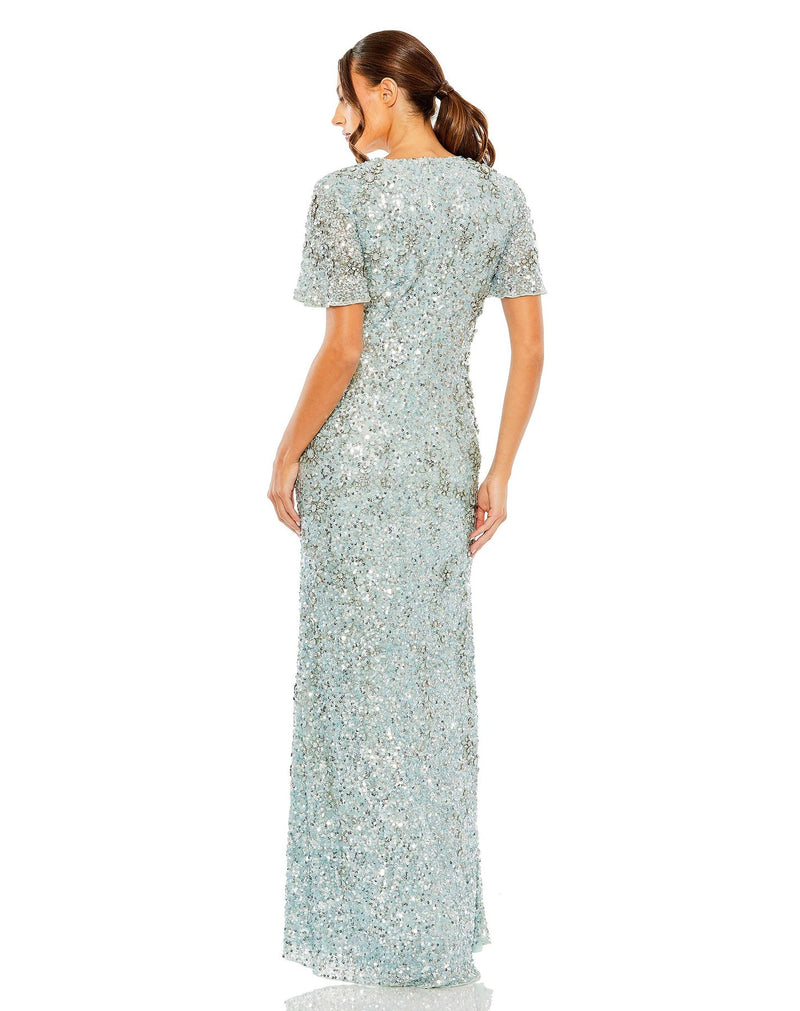Mac Duggal Style #93932 Flutter sleeve high sequin high neck dress - Blue back view