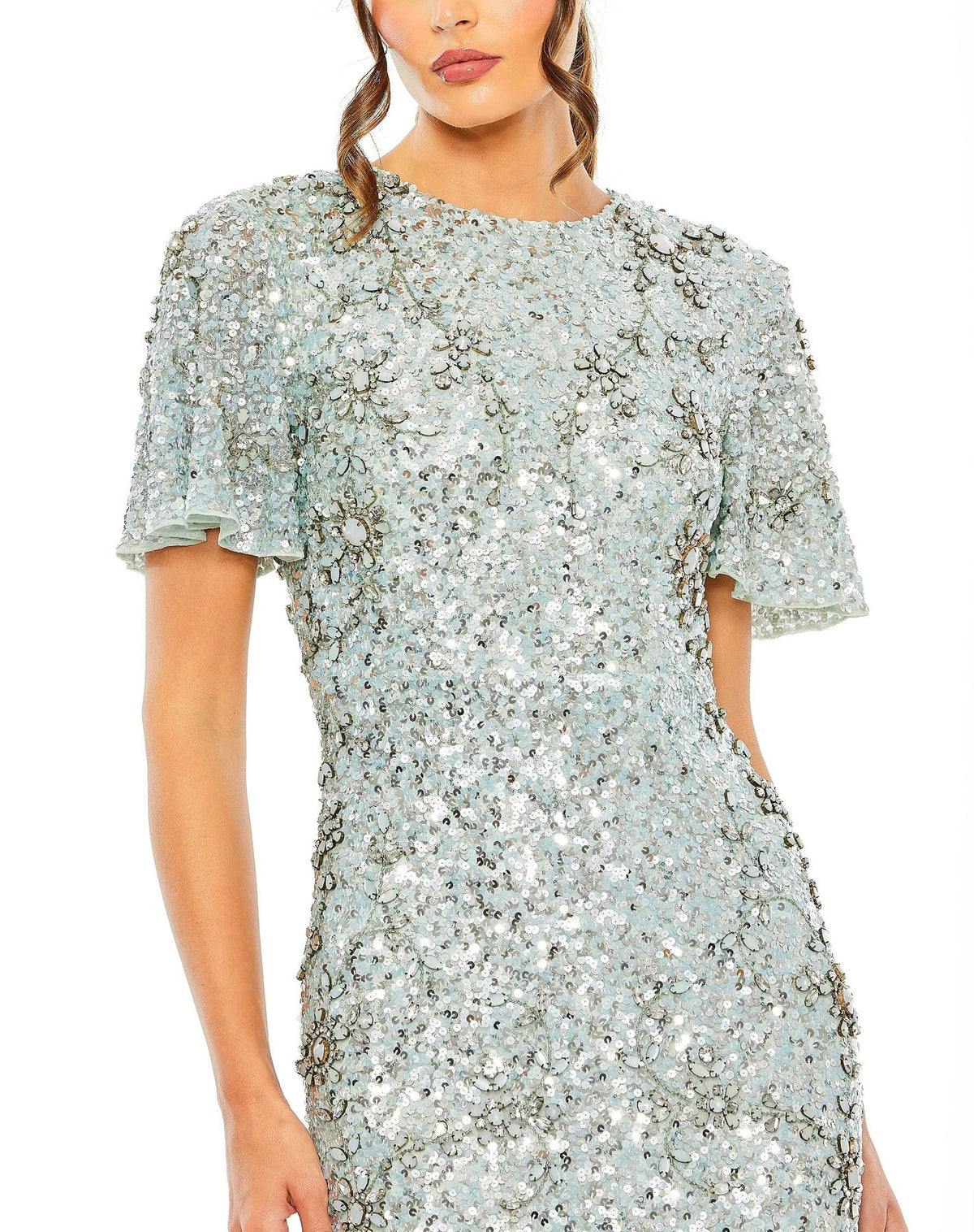 Mac Duggal Style #93932 Flutter sleeve high sequin high neck dress - Blue close up