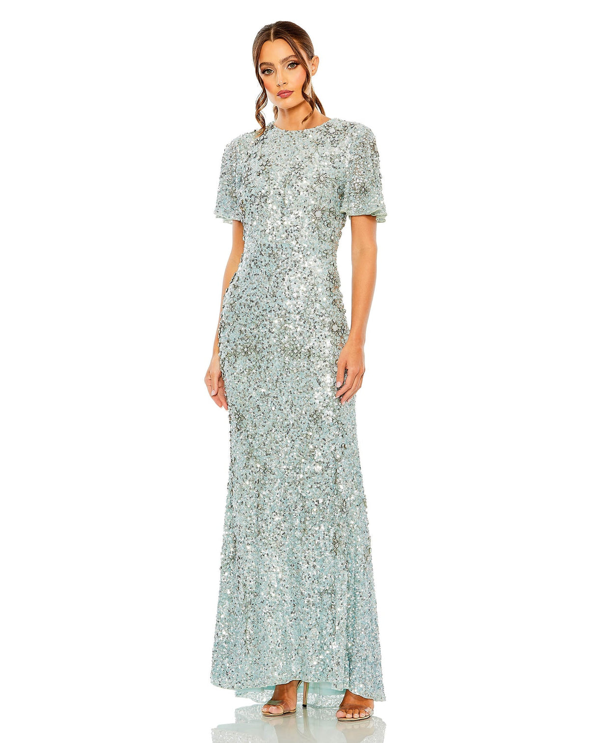 Mac Duggal Style #93932 Flutter sleeve high sequin high neck dress - Blue