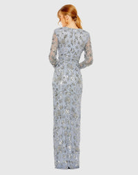 Blue High Neck Long Sleeve Embellished Column Gown - Back