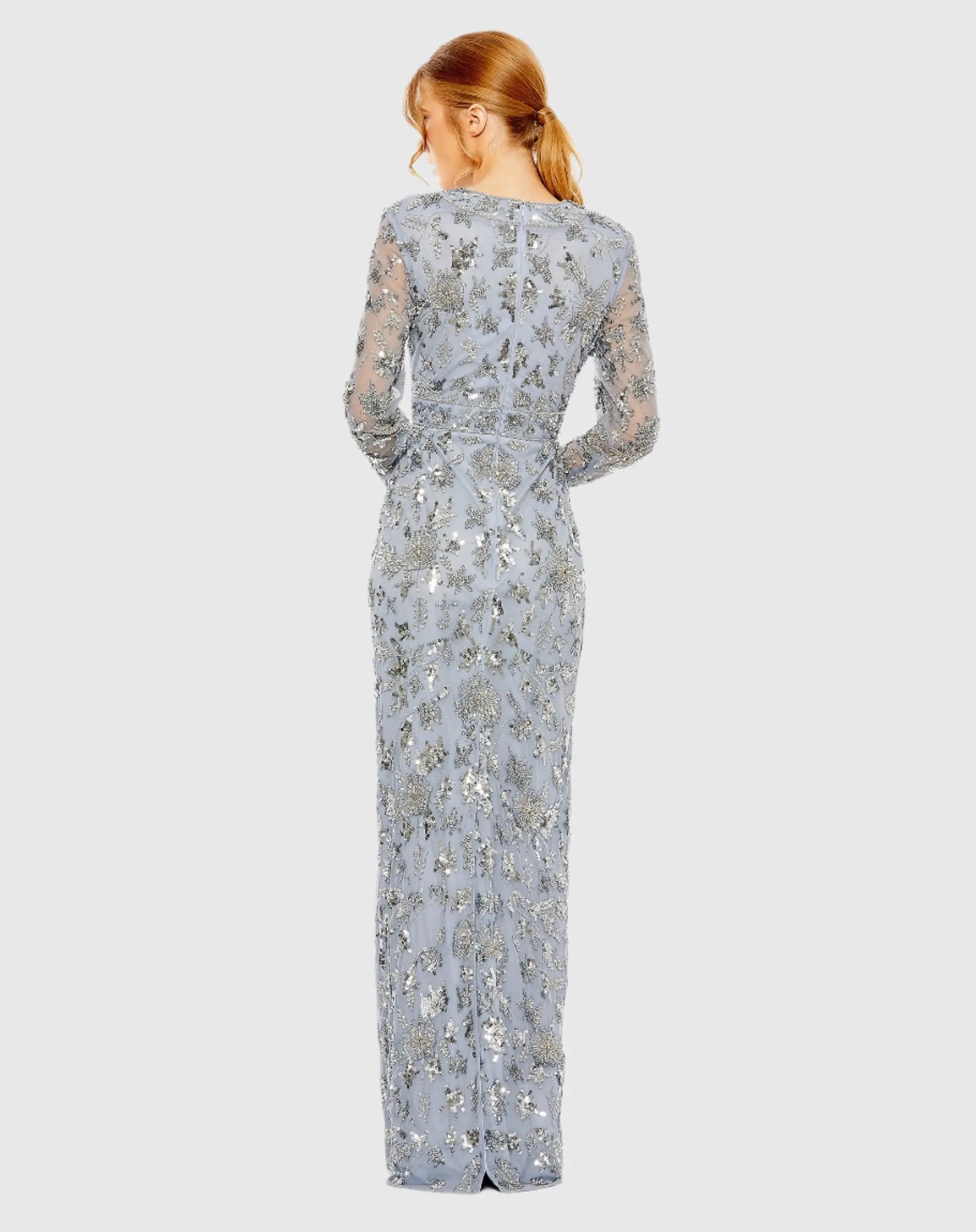 Blue High Neck Long Sleeve Embellished Column Gown - Back