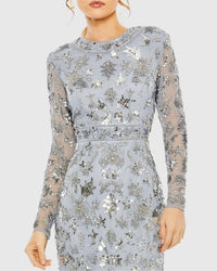 Blue High Neck Long Sleeve Embellished Column Gown - Close Up