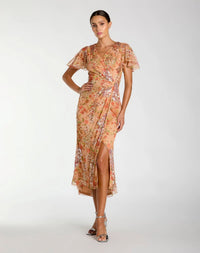 Mac Duggal #93949 apricot embellished floral flutter sleeve midi dress