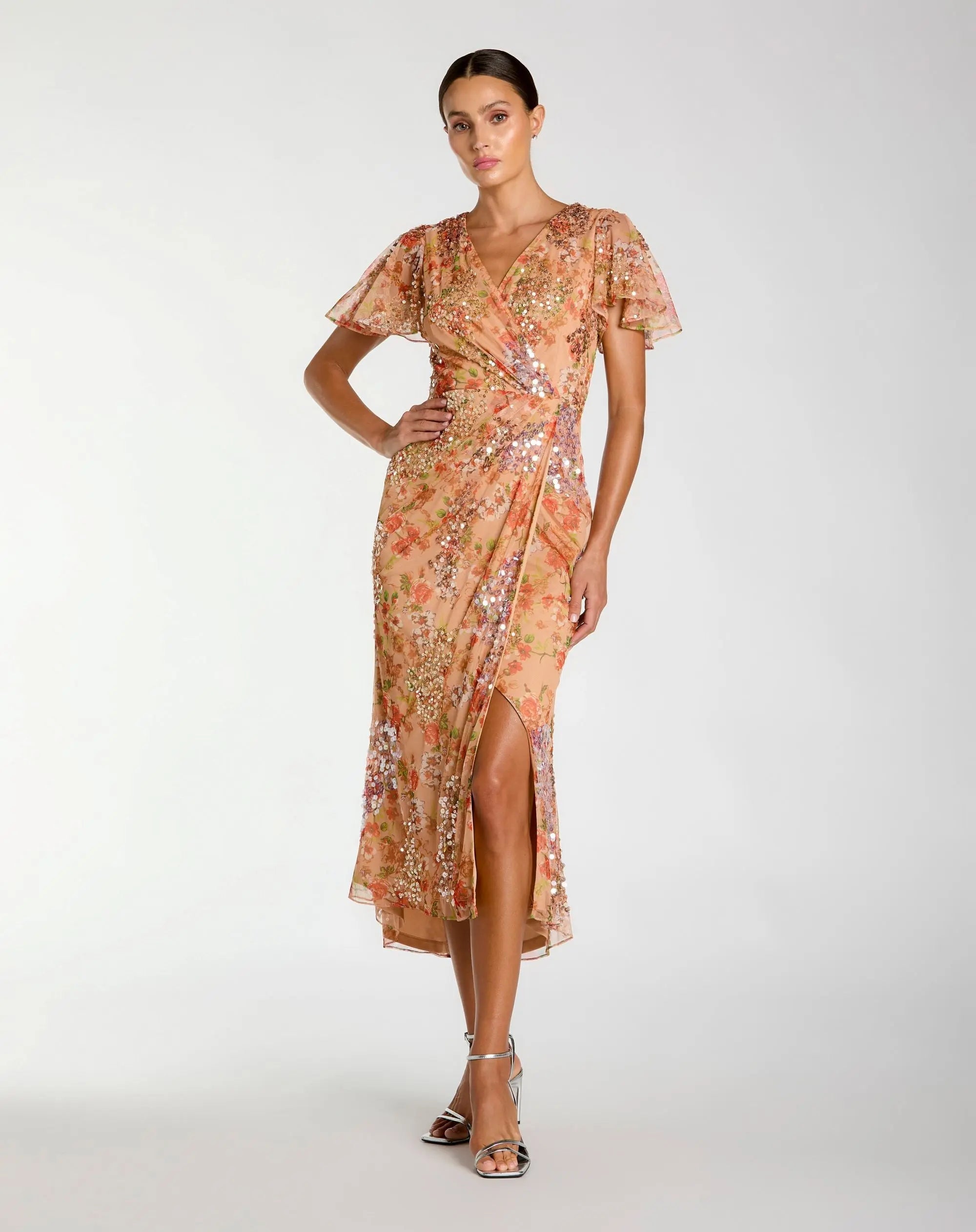 Mac Duggal #93949 apricot embellished floral flutter sleeve midi dress