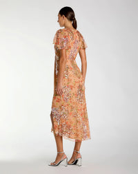 Mac Duggal #93949 apricot embellished floral flutter sleeve midi dress
