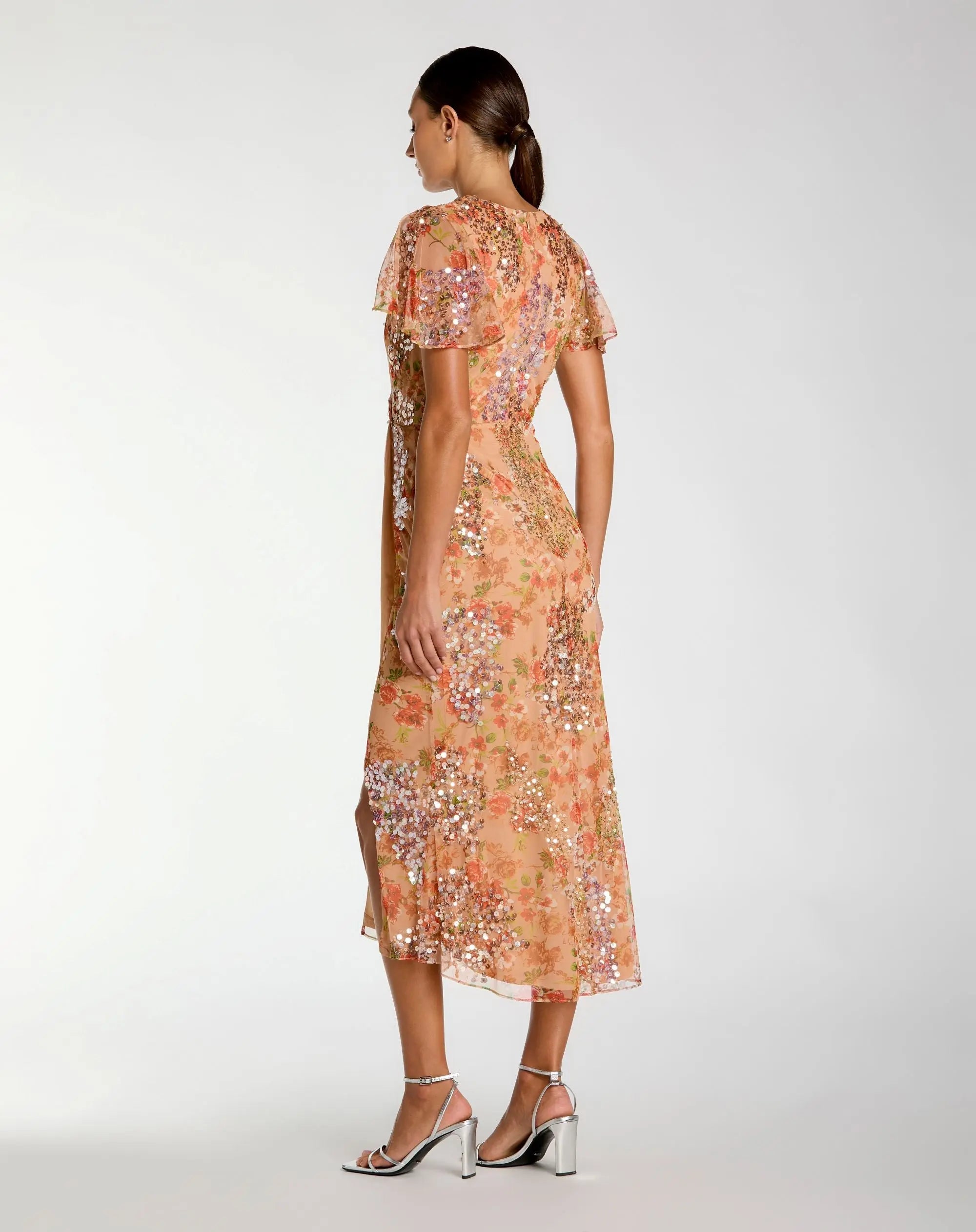 Mac Duggal #93949 apricot embellished floral flutter sleeve midi dress