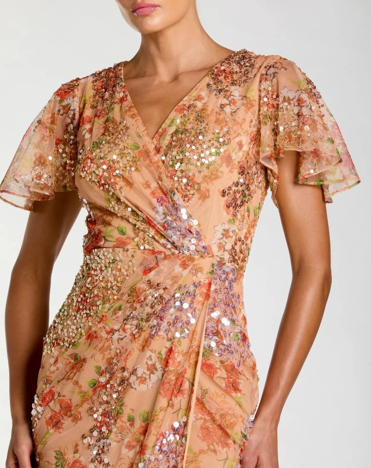 Mac Duggal #93949 apricot embellished floral flutter sleeve midi dress