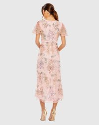 Printed Mesh Flutter Sleeve Faux Wrap Midi Dress - Rose