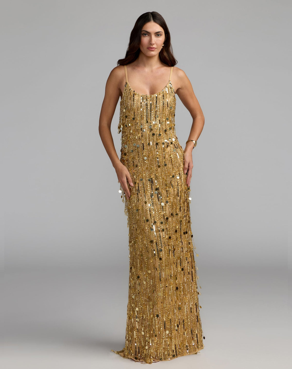 Mac Duggal #93954 gold embellished fringe sleeveless column gown