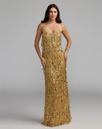 Mac Duggal #93954 gold embellished fringe sleeveless column gown