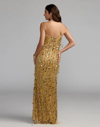 Mac Duggal #93954 gold embellished fringe sleeveless column gown back view