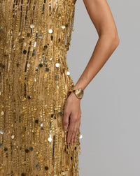 Mac Duggal #93954 gold embellished fringe sleeveless column gown close-up
