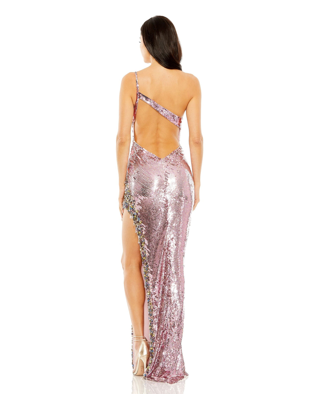 COWL NECK SEQUIN GOWN WITH RHINESTONE DETAIL Style #93955 backless