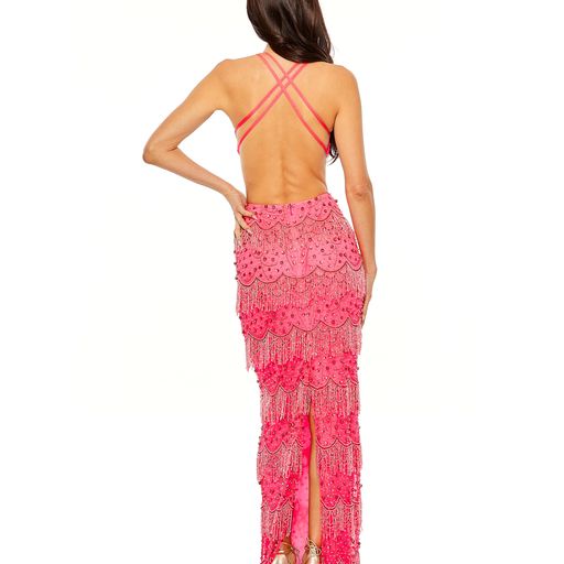 OPEN BACK CUT OUT FRINGE EMBELLISHED GOWN - HOT PINK mac duggal Style #93956 back