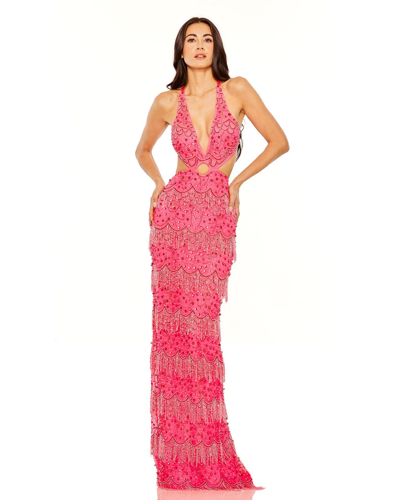 OPEN BACK CUT OUT FRINGE EMBELLISHED GOWN - HOT PINK mac duggal Style #93956