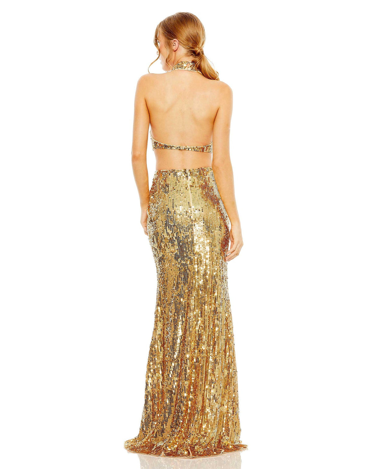 mac duggal OPEN BACK HIGH NECK SEQUIN GOWN gold womens dresses backless