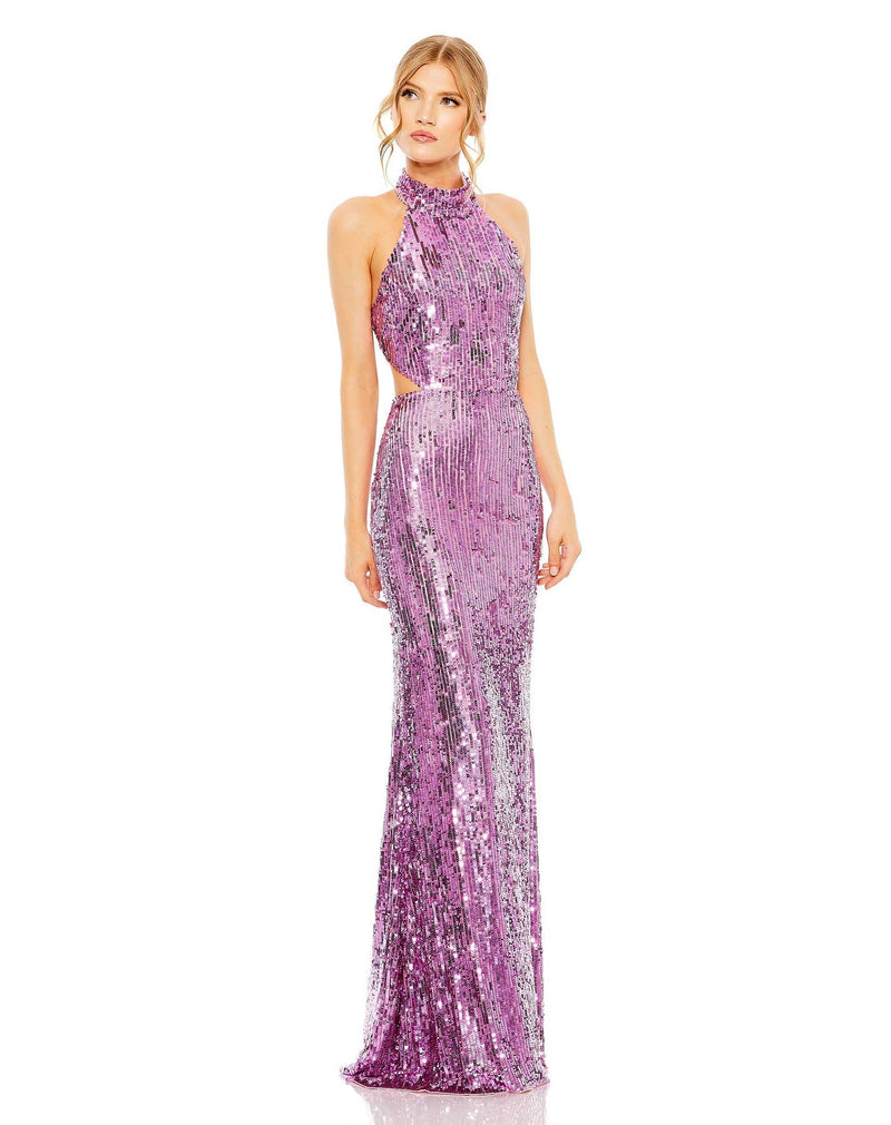 mac duggal OPEN BACK HIGH NECK SEQUIN GOWN orchid womens dresses