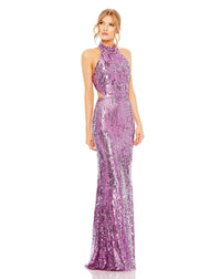 mac duggal OPEN BACK HIGH NECK SEQUIN GOWN orchid womens dresses