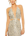 CUT OUT HALTER TIE BACK SEQUIN GOWN nude Style #93977 close up