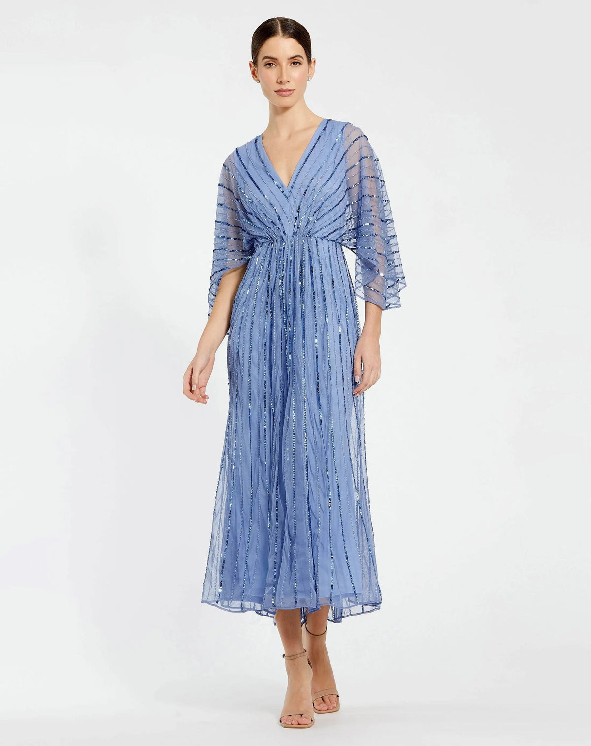 Mac Duggal 93995 Periwinkle beaded kimono V neck empire midi dress - Front