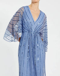 Mac Duggal 93995 Periwinkle beaded kimono V neck empire midi dress - Close up detail