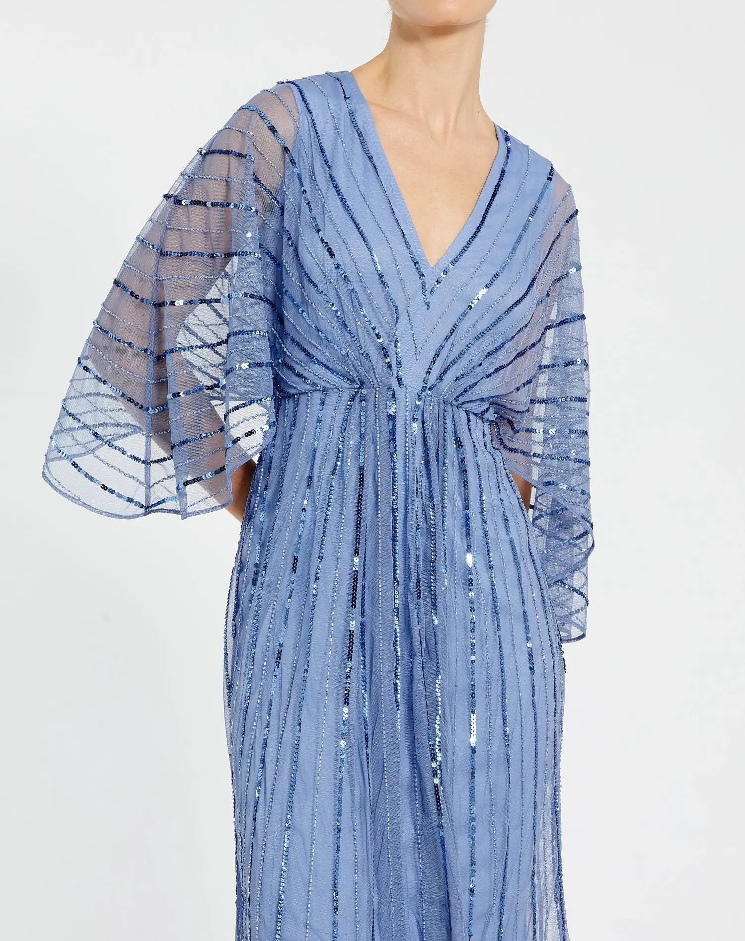 Mac Duggal 93995 Periwinkle beaded kimono V neck empire midi dress - Close up detail