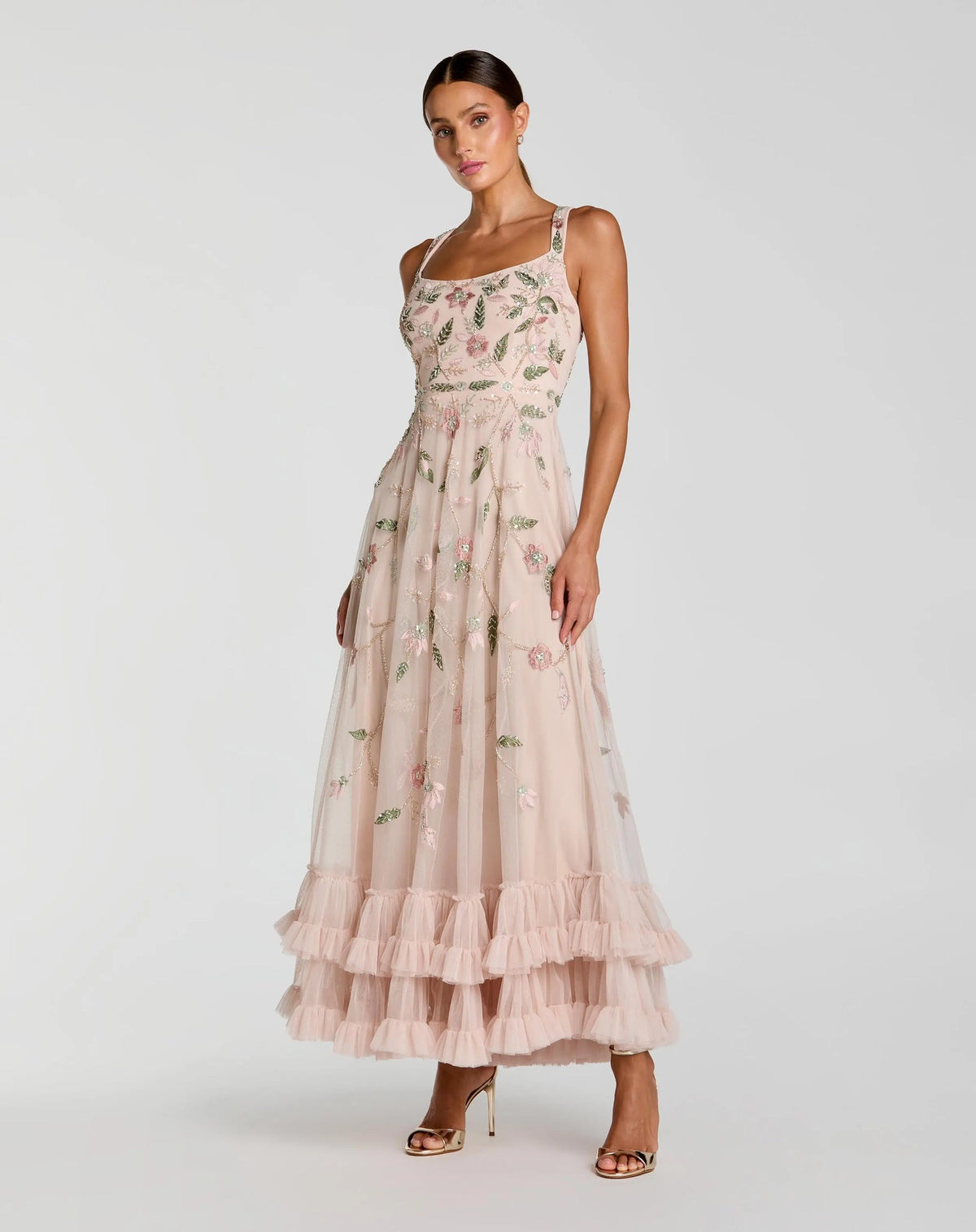 Mac Duggal Pink Ruffle Midi Dress with Floral Embroidery Porcelain #9402