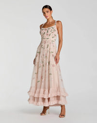 Mac Duggal Pink Ruffle Midi Dress with Floral Embroidery Porcelain #9402