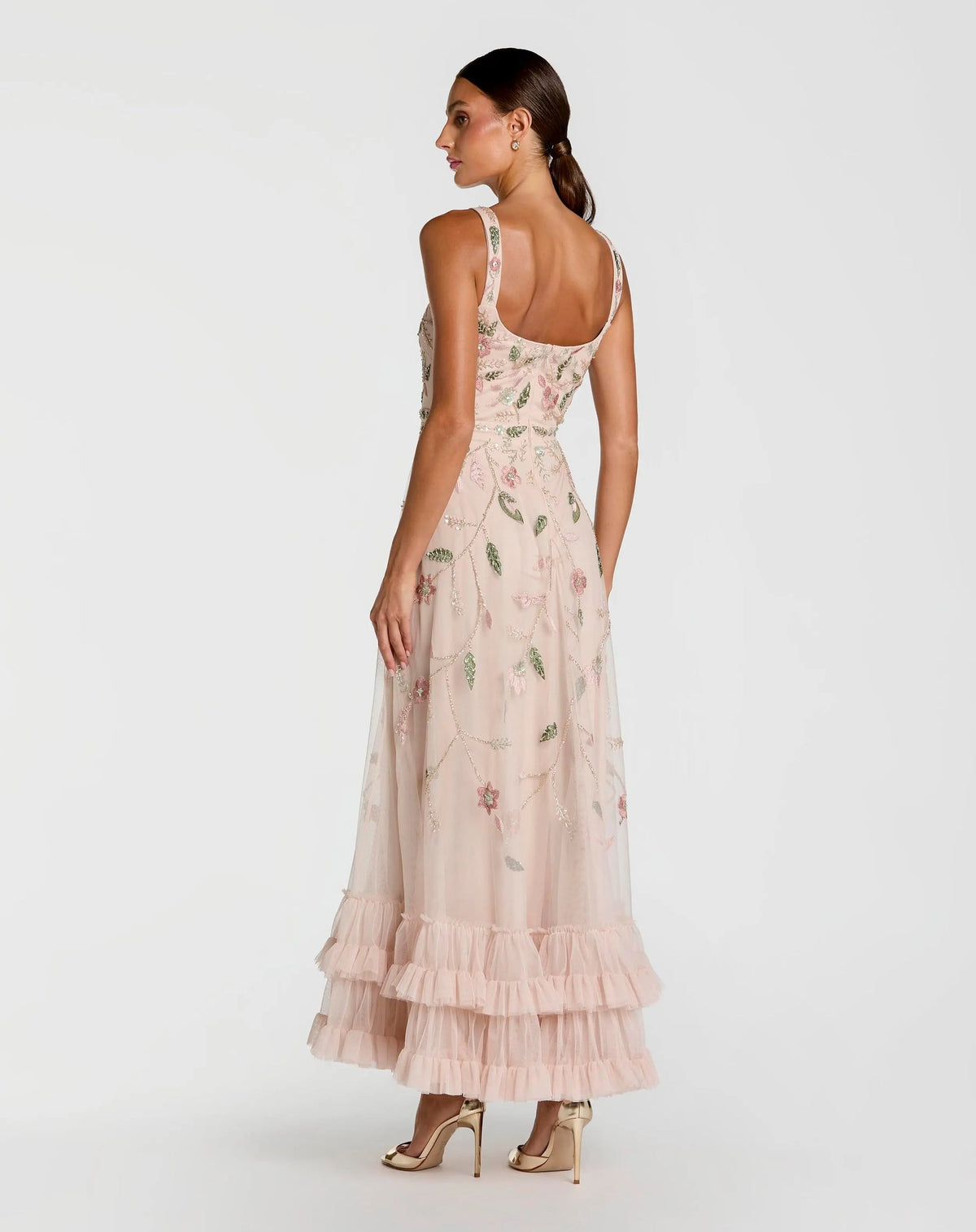 Mac Duggal Pink Ruffle Midi Dress with Floral Embroidery Porcelain #9402