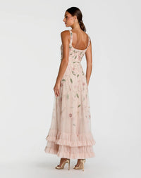 Mac Duggal Pink Ruffle Midi Dress with Floral Embroidery Porcelain #9402