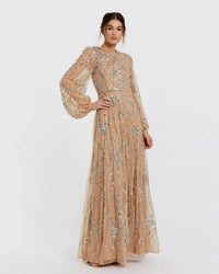 Mac Duggal #94072 nude silver embellished high neck puff sleeve gown