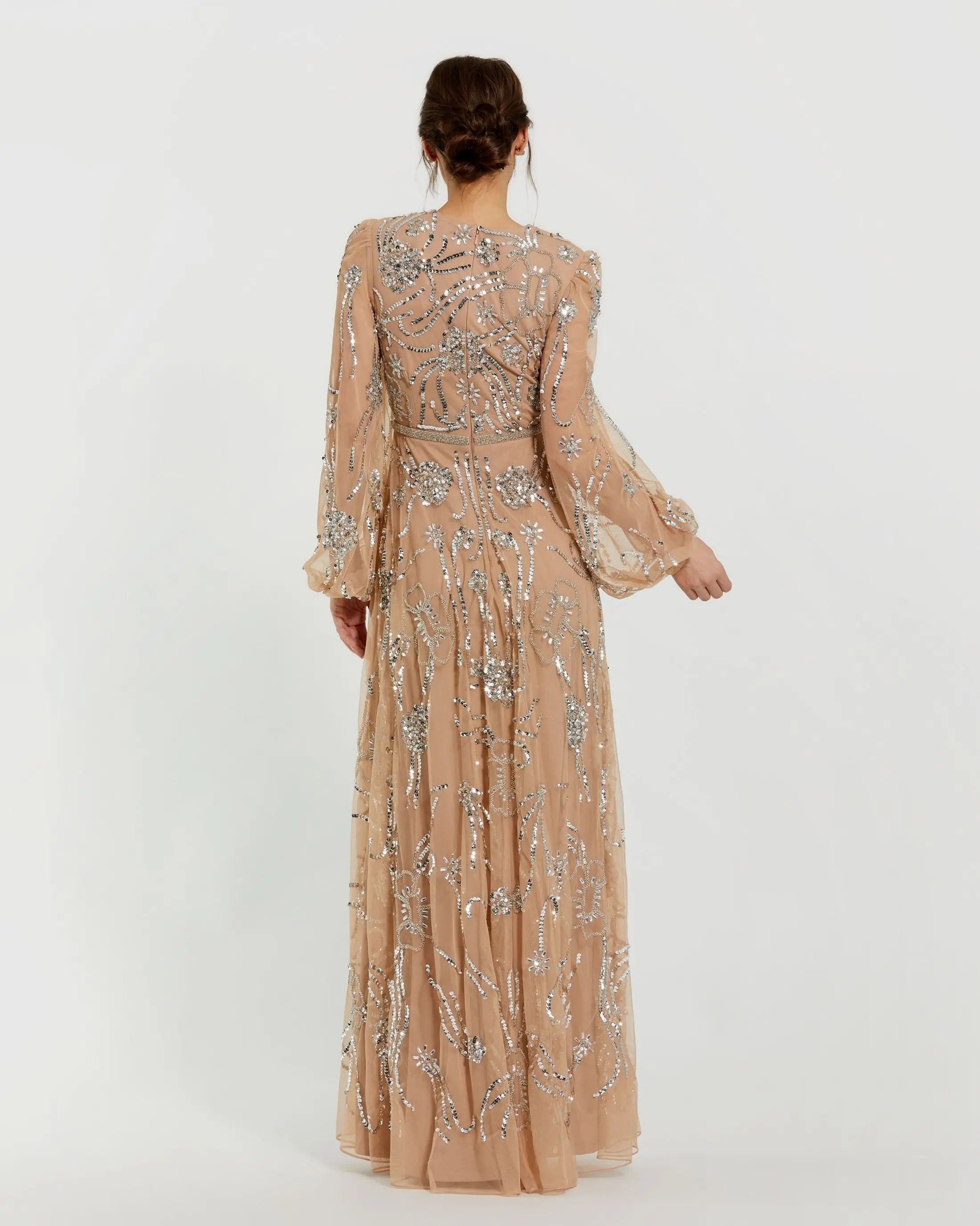 Mac Duggal #94072 nude silver embellished high neck puff sleeve gown