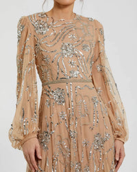 Mac Duggal #94072 nude silver embellished high neck puff sleeve gown