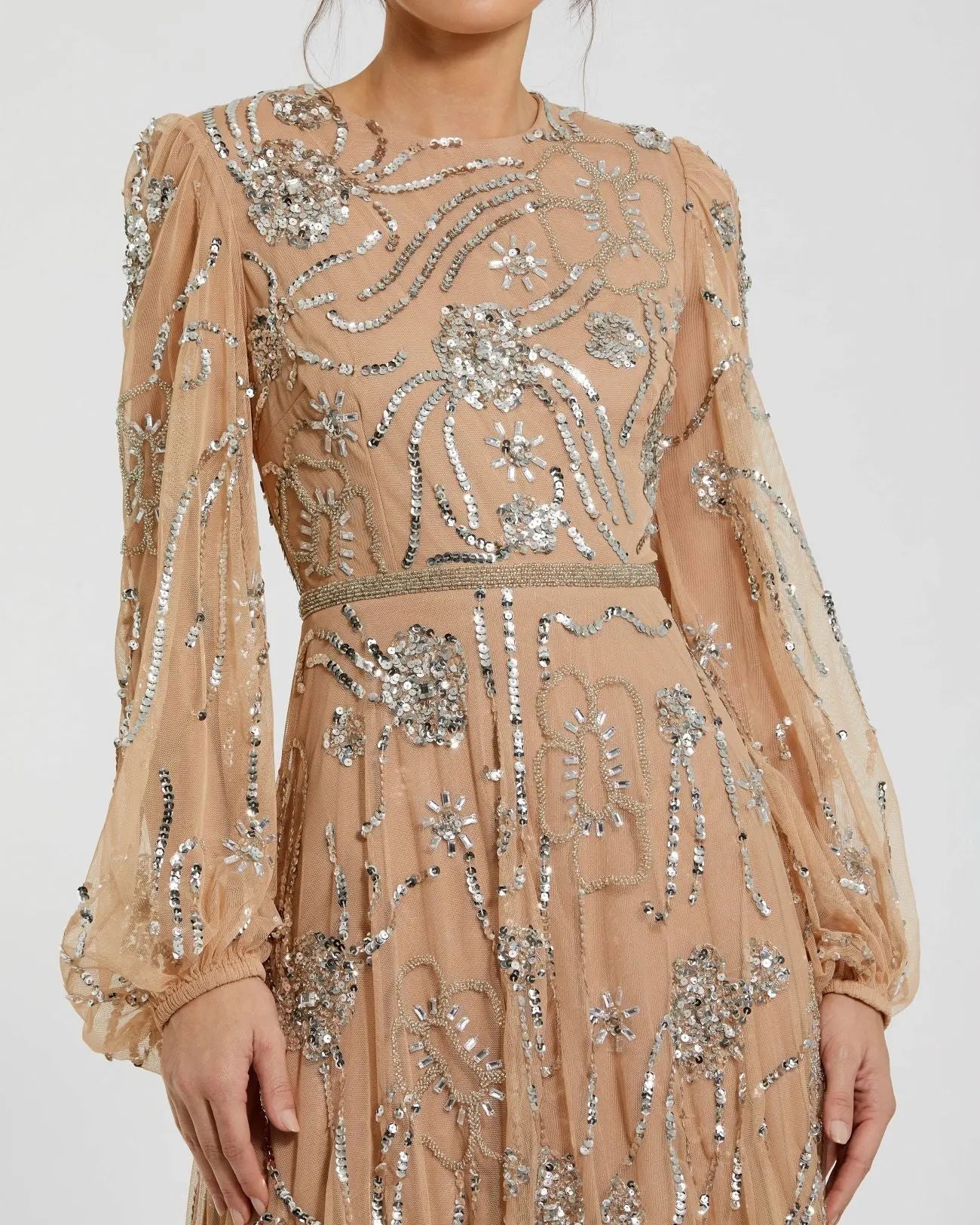 Mac Duggal #94072 nude silver embellished high neck puff sleeve gown