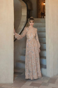 Mac Duggal #94072 nude silver embellished high neck puff sleeve gown