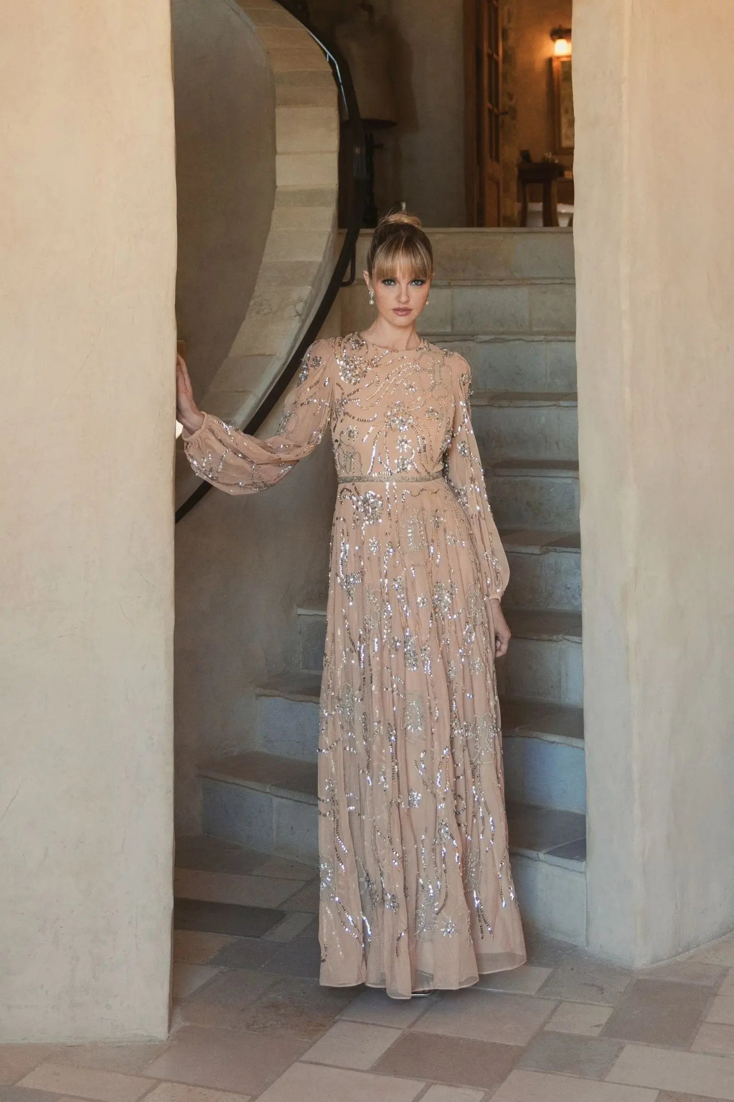 Mac Duggal #94072 nude silver embellished high neck puff sleeve gown