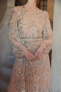 Mac Duggal #94072 nude silver embellished high neck puff sleeve gown