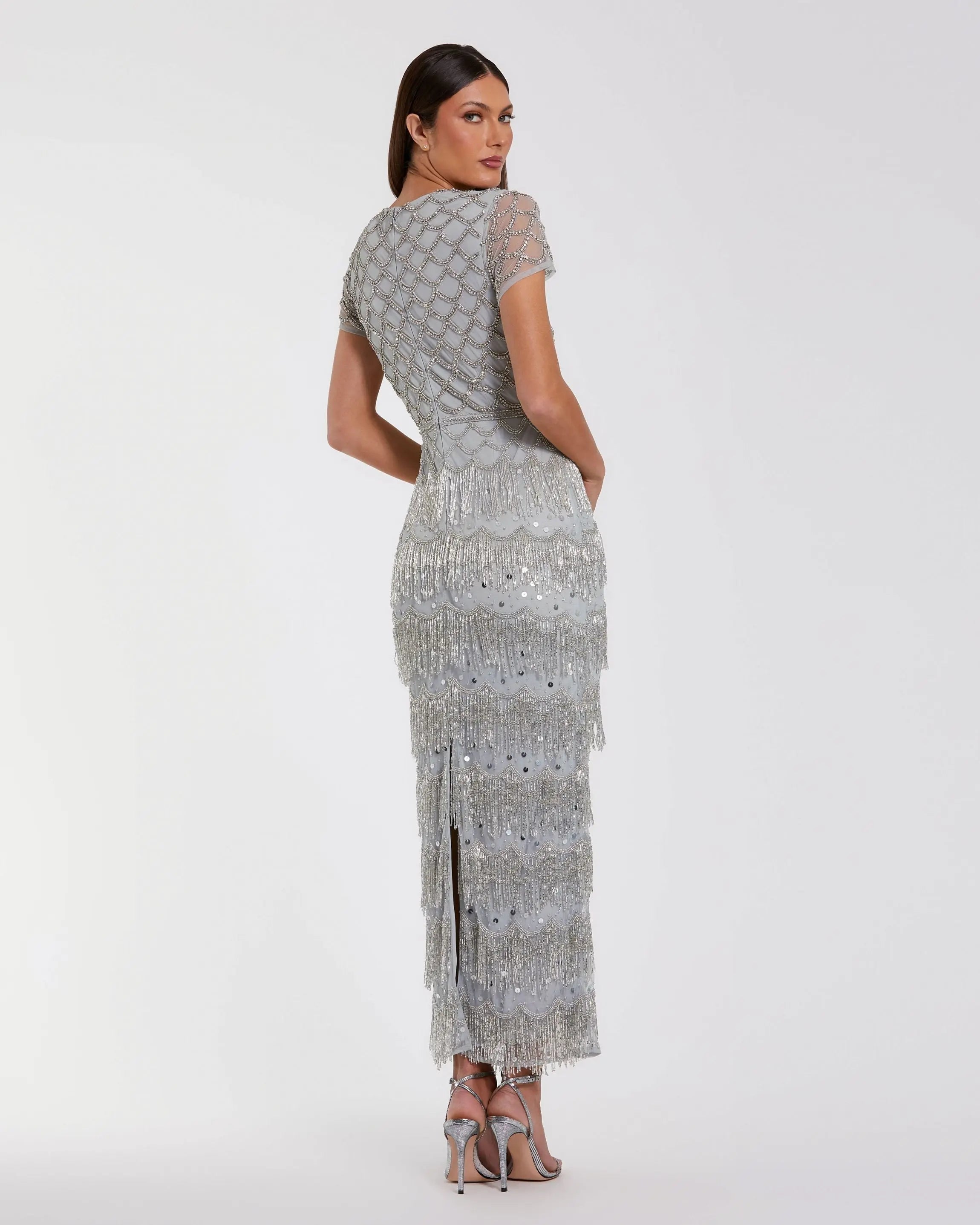 Blue Cap Sleeve Embellished Fringe Maxi Dress - Back
