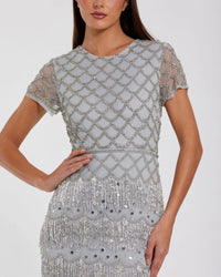 Blue Cap Sleeve Embellished Fringe Maxi Dress - Close Up