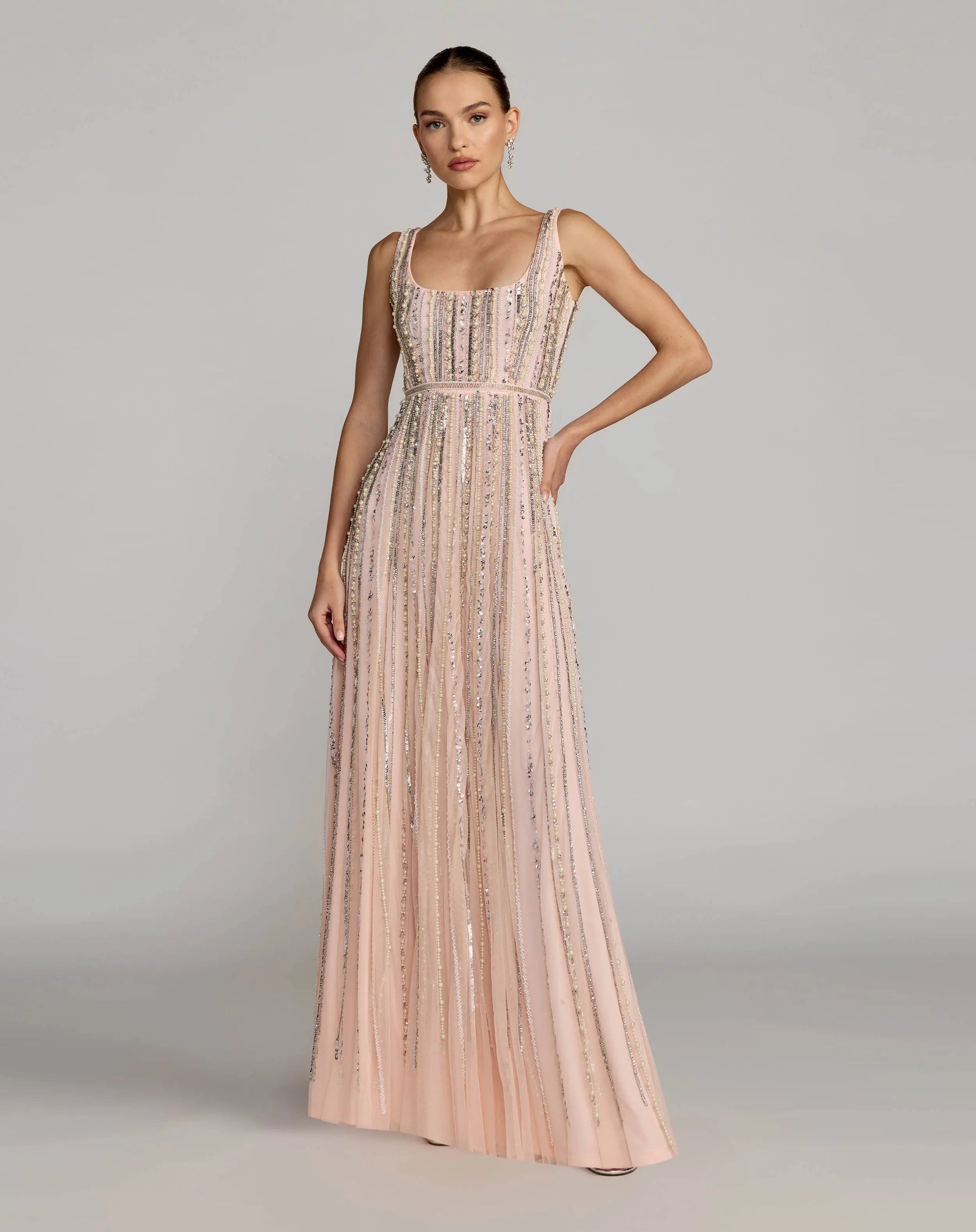 Mac Duggal #94080 blush scoop neck a-line gown with striped beading