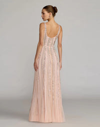 Mac Duggal #94080 blush scoop neck a-line gown with striped beading