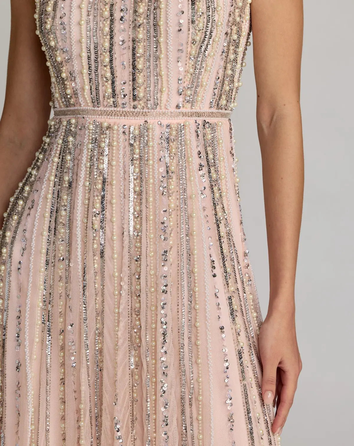 Mac Duggal #94080 blush scoop neck a-line gown with striped beading