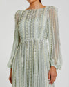 Boat Neck Long Sleeve Gown With Striped Beading - Mint