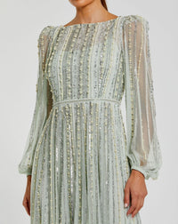 Boat Neck Long Sleeve Gown With Striped Beading - Mint