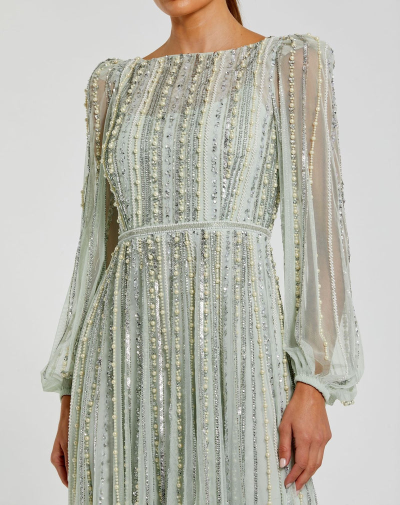 Boat Neck Long Sleeve Gown With Striped Beading - Mint