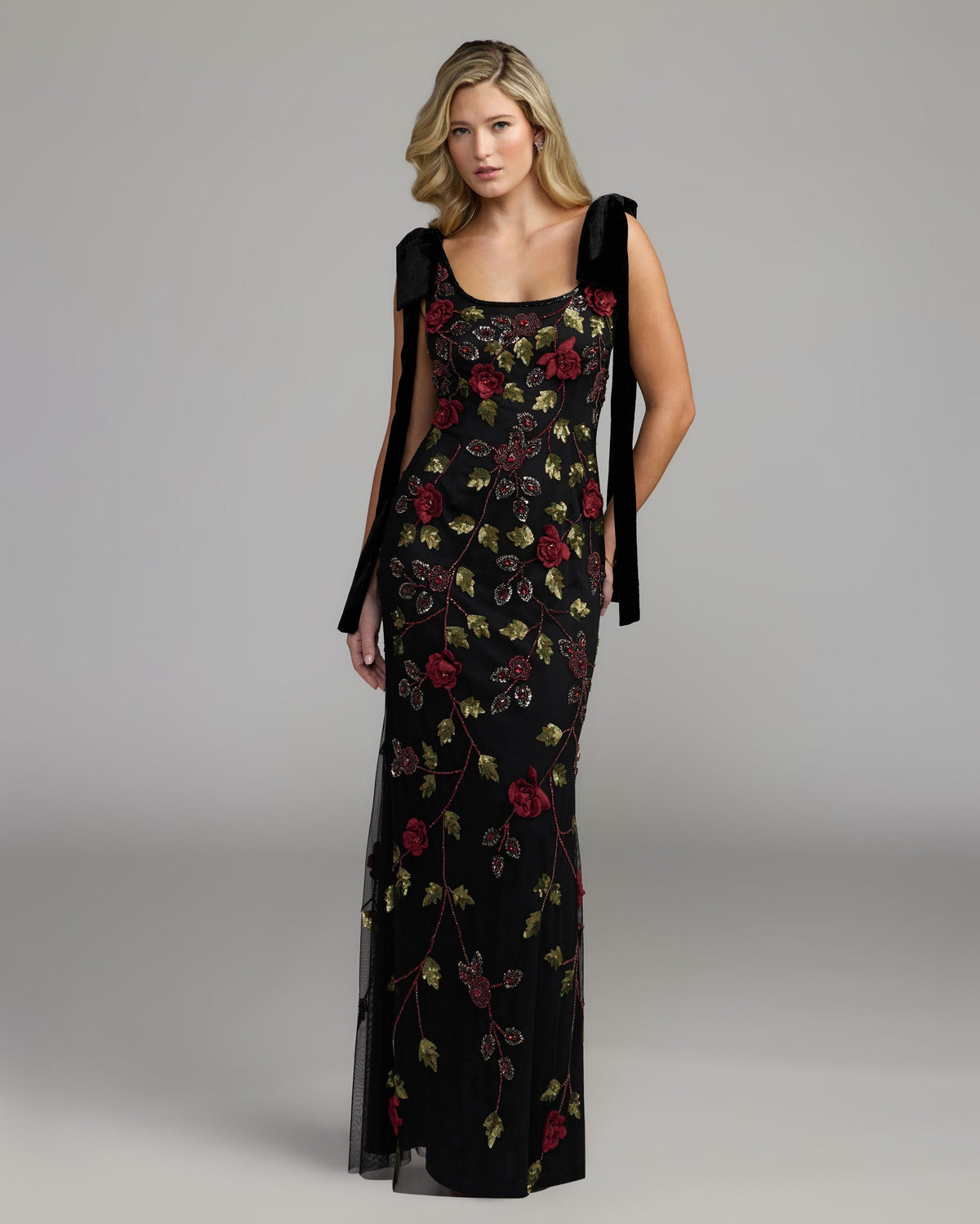 Mac Duggal #9411 black red 3D floral embellished gown with velvet bows